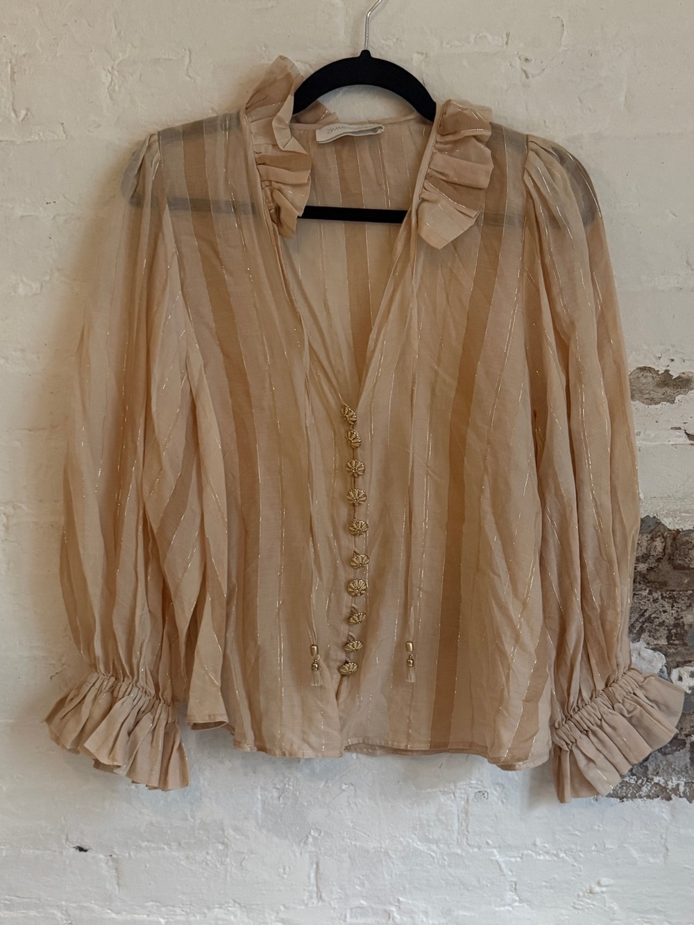 Zimmermann Sheer Striped Ruffle-Neck Blouse in Beige and Cream